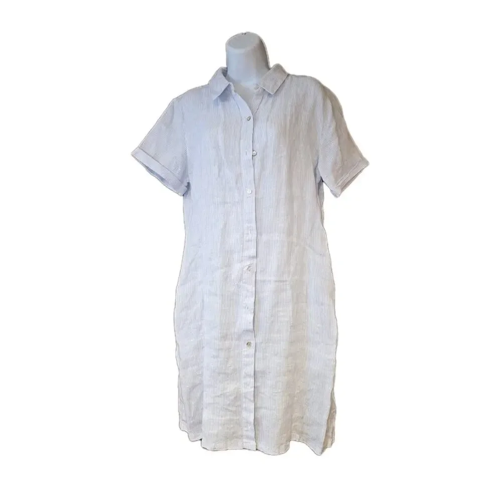 EUC Tahari Blue And White Striped Sleeveless Midi Linen Button Up Dress Sz M - Picture 1 of 5